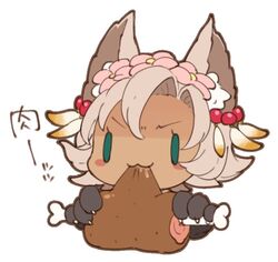  animal_ears bad_id bad_twitter_id boned_meat cat_ears chibi commentary_request erune female food granblue_fantasy meat melleau mootor short_hair solo 