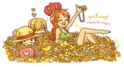  3boys blonde_hair female gem gold hat jewel jewelry lou_(usopo) monkey_d_luffy multiple_boys nami nami_(one_piece) necklace one_piece orange_hair sanji smile tony_tony_chopper treasure 