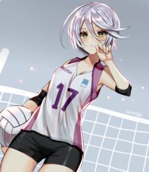  ball black_shorts breasts cleavage commentary female from_below gambe green_eyes grey_hair holding holding_ball medium_breasts pretty_series pripara shikyoin_hibiki short_hair shorts signature solo sportswear symbol-only_commentary volleyball volleyball_net volleyball_uniform 