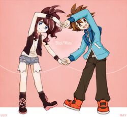  1boy :d bad_id bad_pixiv_id belt black_pants black_socks black_vest black_wristband blue_shorts blue_sweater brown_hair character_name collaboration commentary_request denim denim_shorts female full_body happy heart_arms heart_arms_duo hilbert_(pokemon) hilda_(pokemon) long_hair long_sleeves looking_at_viewer luo-qin mei_(pixiv9154263) open_mouth pants pink_background pokemon pokemon_adventures ponytail shirt shoelaces shoes short_shorts shorts sidelocks simple_background sleeveless sleeveless_shirt smile socks spiked_hair standing sweater tied_hair vest white_shirt wristband 