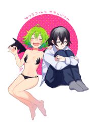  1boy :d ^_^ ahoge barefoot bikini black_hair blush breasts closed_eyes commentary_request demon_girl female fuji_fujino green_hair midriff navel o-ring o-ring_bottom oerba_yun_fang open_mouth pointy_ears sakuma_(yuuutsu-kun_to_succubus-san) small_breasts smile swimsuit wings yuu_(yuuutsu-kun_to_succubus-san) yuuutsu-kun_to_succubus-san 