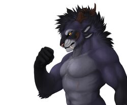  2016 anthro biceps bust_portrait charr clothed clothing dagos fangs felid female flexing fur guild_wars horn mammal multi_ear muscular muscular_female navel pecs pink_nose portrait scar simple_background solo syrax teeth topless white_background yellow_eyes 