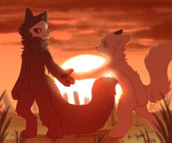  2018 4_fingers akiya-kamikawa anthro biped black_body black_fur black_pawpads blue_eyes canid canine canis changed_(video_game) daww detailed_background digital_media_(artwork) duo fingers fluffy fluffy_tail fur goo_creature grass hand_holding hi_res latex lin_(changed) male male/male male_anthro mammal mask monster outside pawpads paws plant puro_(changed) signature sun sunset tail white_body white_eyes white_fur wolf 