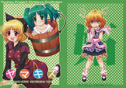  3girls arm_warmers blonde_hair bow bucket cover cover_page doujin_cover dress hair_bobbles hair_ornament hairbow highres in_bucket in_container kairakuen_umenoka kisume kurodani_yamame mizuhashi_parsee multiple_girls scarf touhou two_side_up 