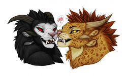  2016 ambiguous_gender anthro black_body black_fur charr cuddling dagos duo fangs felid female fur guild_wars hair heart_symbol horn mammal mane multi_ear red_eyes romantic romantic_ambiance romantic_couple simple_background spots tan_body tan_fur teeth white_body white_fur yellow_body yellow_eyes yellow_fur 