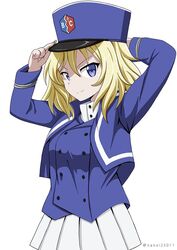  adjusting_clothes adjusting_headwear arm_behind_head bc_freedom_(emblem) bc_freedom_military_uniform blonde_hair blue_eyes blue_hat blue_jacket blue_vest closed_mouth commentary cowboy_shot dress_shirt emblem female girls_und_panzer hat high_collar jacket kepi long_sleeves looking_at_viewer medium_hair messy_hair military military_hat military_uniform miniskirt one-hour_drawing_challenge oshida_(girls_und_panzer) pleated_skirt shibagami shirt simple_background skirt smile solo standing twitter_username uniform v-shaped_eyebrows vest white_background white_shirt white_skirt 