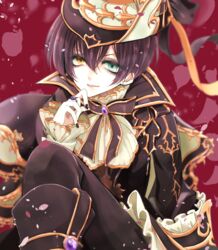  1boy ayuneo black_hair blue_eyes commentary_request eva_armstrong frilled_shirt_collar frills gloves hat heterochromia highres i-chu male_focus ribbon smile solo top_hat white_gloves yellow_eyes 