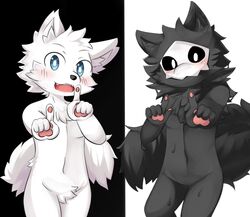  anthro biped black_body black_fur blue_eyes blush canid canine changed_(video_game) daww digital_media_(artwork) duo eigetsu fluffy fur goo_creature latex lin_(changed) male male_anthro mammal mask monster pawpads paws pink_pawpads puro_(changed) semi-anthro white_body white_fur 