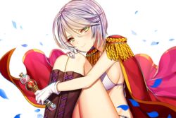  bad_id bad_pixiv_id bikini breasts cape female gambe gloves green_eyes grey_hair holding large_breasts looking_at_viewer petals pretty_series pripara shikyoin_hibiki short_hair side-tie_bikini_bottom sideboob sitting smile solo swimsuit white_background white_bikini white_gloves 