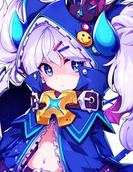  bad_id bad_pixiv_id belt blue_eyes blue_horns chiliarch_(elsword) coat collar crown elsword eyebrows female hair_ornament hairclip hood horns hwansang long_hair long_sleeves looking_at_viewer luciela_r._sourcream midriff mini_crown navel open_mouth solo star-shaped_pupils star_(symbol) symbol-shaped_pupils twintails upper_body white_background white_hair 