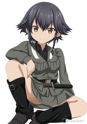  anzio_military_uniform arm_behind_back arm_rest arm_support belt black_footwear black_hair black_shirt boots braid brown_eyes closed_mouth commentary dress_shirt female full_body girls_und_panzer grey_jacket grey_skirt jacket knee_boots knife long_sleeves looking_at_viewer military military_uniform miniskirt one-hour_drawing_challenge pencil_skirt pepperoni_(girls_und_panzer) shibagami shirt short_hair side_braid simple_background sitting skirt smile solo twitter_username uniform white_background 