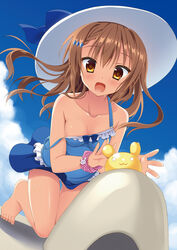  bare_shoulders breasts brown_eyes brown_hair cameltoe cleavage female frilled_one-piece_swimsuit frills hair_ornament hanasaki_nonoka hanasaki_work_spring hat highres kneeling looking_at_viewer moribe_(rabumanyo) one-piece_swimsuit open_mouth outdoors panties pantyshot scrunchie small_breasts solo sweat swimsuit underwear white_panties wrist_scrunchie 