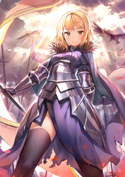  absurdres armor blonde_hair breasts commentary_request fate/apocrypha fate_(series) female gauntlets highres jeanne_d&#039;arc_(fate) jeanne_d&#039;arc_(ruler)_(fate) long_hair looking_at_viewer photoshop_(medium) popuru small_breasts solo thighhighs yellow_eyes 