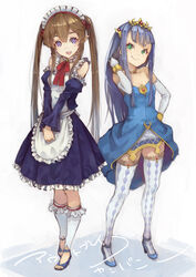  2girls apron argyle_clothes argyle_legwear bare_shoulders brown_hair choker commentary_request detached_sleeves dress elbow_gloves elf flat_chest gloves green_eyes high_heels highres jewelry long_hair maid multiple_girls myucel_foalan necklace outbreak_company petralka_anne_eldant_iii pointy_ears purple_eyes smile strapless strapless_dress suzuno_(bookshelf) thighhighs tiara tucking_hair twintails very_long_hair white_gloves white_legwear 