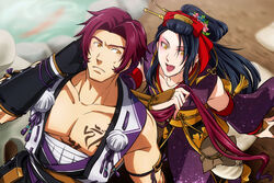  2boys black_hair bow comb commentary_request detached_sleeves flower gourd hair_flower hair_ornament hair_stick hairbow japanese_clothes jirou_tachi long_sideburns male_focus midriff_sarashi multiple_boys open_mouth pom_pom_(clothes) ponytail red_hair sarashi shima_deadstock sideburns smile tonbokiri_(touken_ranbu) touken_ranbu yellow_eyes 