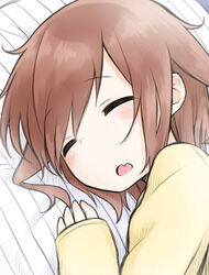  blush brown_hair close-up closed_eyes commentary_request female ikazuchi_(kancolle) kantai_collection myonde oerba_yun_fang open_mouth pajamas pillow short_hair sleeping sleeves_past_wrists solo 