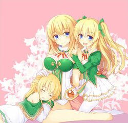  3girls :d aged_down bare_shoulders blonde_hair blue_eyes blush braid breasts closed_eyes commentary_request dress flower frilled_gloves frills fuji_kakei gloves hair_ribbon hand_on_another&#039;s_head hand_on_another&#039;s_shoulder juliet_sleeves kneeling lap_pillow large_breasts lily_(flower) long_hair long_sleeves multiple_girls multiple_persona neptune_(series) no_shoes open_mouth pantyhose pink_background puffy_sleeves ribbon shin_jigen_game_neptune_vii silhouette sitting sleeping smile thighhighs two_side_up vert&#039;s_sister vert_(neptunia) very_long_hair wariza white_gloves white_legwear 