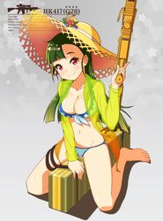  alternate_costume bad_id bad_pixiv_id barefoot bikini blue_bikini blush breasts character_name cleavage closed_mouth collarbone earrings female fish_hair_ornament front-tie_bikini_top front-tie_top full_body g28_(girls&#039;_frontline) g28_(tropical_storm)_(girls&#039;_frontline) girls&#039;_frontline green_hair groin gun hair_ornament hat head_tilt highres holding holding_gun holding_weapon jewelry kneeling large_breasts left-handed long_hair looking_at_viewer mole mole_on_breast navel official_alternate_costume one_side_up orange_eyes ribbon sidelocks sizque smile solo stomach straw_hat sun_hat swimsuit thighs trigger_discipline weapon weapon_case 