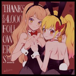  2girls aikatsu!_(series) aikatsu_stars! animal_ears ass bare_back bare_shoulders blonde_hair blush bow bowtie breasts brown_hair cleavage closed_mouth collarbone commentary detached_collar fishnet_pantyhose fishnets from_behind groin hairbow highres interlocked_fingers kasumi_mahiru large_breasts looking_at_viewer multiple_girls nail_polish nijino_yume orange_eyes pantyhose playboy_bunny rabbit_ears rabbit_tail red_bow red_nails side_ponytail smile susinoyama tail twintails yellow_eyes 