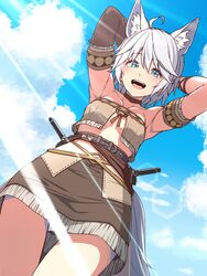  ahoge animal_ears armpits belt blue_belt blue_eyes blue_sky blush breasts brown_choker brown_skirt brown_sleeves character_request choker cloud collarbone commentary_request cowboy_shot detached_sleeves fantasy_earth_zero female fringe_trim from_below hair_between_eyes highres lens_flare looking_at_viewer looking_down masaki_shino medium_bangs navel open_mouth scout_(fantasy_earth) scout_(lakota_outfit)_(fantasy_earth_zero) short_hair single_detached_sleeve skirt sky small_breasts smile solo tail teeth tongue upper_teeth_only white_hair wolf_ears wolf_girl wolf_tail 