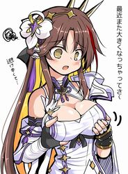  adin_(epic_seven) bare_shoulders blonde_hair blush breasts brown_hair cleavage cleavage_cutout clothing_cutout dress elbow_gloves epic_seven female fingerless_gloves gloves grabbing_own_breast hair_ornament large_breasts long_hair multicolored_hair red_hair solo squiggle streaked_hair translation_request tsuzuri_(tuzuri) two-tone_hair upper_body white_dress yellow_eyes 