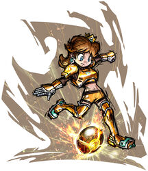  absurdres armor ball blue_eyes brown_hair chest_armor crop_top crown earrings female flower_earrings gauntlets highres jewelry long_hair mario_(series) mario_strikers_charged masanori_sato midriff official_art orange_shorts princess_daisy shorts shoulder_armor third-party_source 