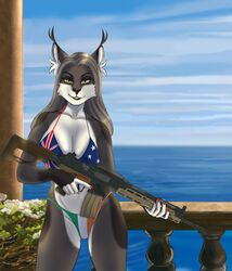  absurd_res anthro australian_flag_bikini bikini cinnameana clothing felid feline female flag_bikini hi_res irish_flag_bikini lynx mammal penelope_o&#039;grady solo swimwear 