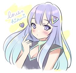  black_shirt blue_hair blush breasts character_name cleavage cleavage_cutout clothing_cutout female finger_heart gradient_hair heart indie_virtual_youtuber light_blue_hair medium_breasts multicolored_hair purple_eyes purple_hair shirt sidelocks sleeveless sleeveless_shirt solo sumire_hikari triangle_hair_ornament two-tone_background virtual_youtuber white_background yellow_background yugaa 