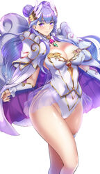  armor bare_legs blue_hair breasts cleavage double_bun female hair_bun highres jewelry kumakichi_(cost-lost) leotard long_hair palamena_(visions_of_mana) pauldrons shoulder_armor simple_background solo standing standing_on_one_leg very_long_hair visions_of_mana white_background 