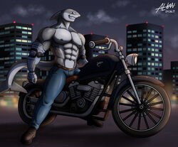  abs absurd_res alkan anthro biker blue_bottomwear blue_clothing blue_pants bottomwear city city_background clothed clothing cybernetics cyborg denim denim_bottomwear denim_clothing fish grey_body harley_davidson hi_res jeans machine male marine moobs motorcycle multicolored_body muscular muscular_anthro muscular_male navel nipples norman_(alkan) pants pecs red_eyes shark solo topless topless_anthro topless_male two_tone_body vehicle 