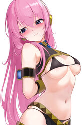  :3 absurdres armlet arms_behind_back bare_shoulders bikini black_bikini black_shirt blue_eyes breasts brooch brown_trim closed_mouth collar_bikini_miku_(meme) commentary_request cowboy_shot embarrassed female hair_between_eyes hair_over_shoulder headphones highres jewelry long_hair looking_to_the_side medium_breasts megurine_luka meme micro_bikini navel pink_hair shebuluo_kafusha shirt simple_background skindentation solo swimsuit turtleneck very_long_hair vocaloid white_background yellow_headphones 