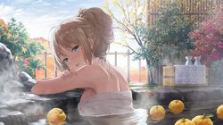  bare_shoulders bathing blonde_hair blue_eyes breasts bucket fence food fran_(idoly_pride) fruit game_cg idoly_pride large_breasts looking_at_viewer looking_back naked_towel off_shoulder official_art onsen open_mouth outdoors smile steam towel tree water wet wooden_bucket 