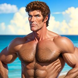  abs ai-generated bara bare_arms beach biceps body_hair chest_hair david_hasselhoff flexing large_pectorals manly mature_male muscular muscular_male non-web_source pectorals thick_arms topless_male veins veiny_arms 