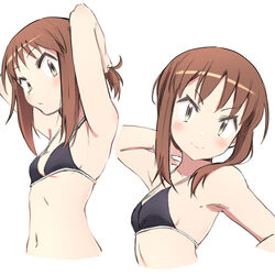  armpits bikini black_bikini blush breasts brown_eyes brown_hair dual_persona female highres medium_hair navel okano_kei sidelocks simple_background small_breasts swimsuit uasi white_background yuyushiki 