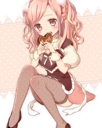  :d black_dress black_thighhighs candy chocolate commentary_request dress female food foot_out_of_frame frilled_dress frills heart heart-shaped_chocolate highres holding holding_chocolate holding_food miniskirt open_mouth original pinafore_dress pink_skirt polka_dot polka_dot_background puffy_short_sleeves puffy_sleeves see-through see-through_thighhighs shirt short_sleeves sitting skirt sleeveless sleeveless_dress smile solo teeth thighhighs unmoving_pattern upper_teeth_only white_shirt yugaa 