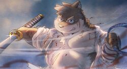  anthro belly blood bodily_fluids cai_yuwang canid canine canis clothing cut_(disambiguation) domestic_dog hi_res katana lifewonders male mammal melee_weapon moritaka_(tas) musclegut muscular nipples pecs scar solo sword tokyo_afterschool_summoners torn_clothing weapon wounded 