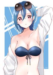  absurdres arm_behind_head bikini blue_bikini blue_hair blush breasts cleavage collarbone commentary_request eyewear_on_head female hair_between_eyes highres long_sleeves looking_at_viewer love_live! love_live!_superstar!! medium_breasts midriff navel off_shoulder parted_lips red_eyes ririn_(ririn_501) shirt short_hair solo strapless strapless_bikini sunglasses swimsuit twitter_username upper_body wakana_shiki white_shirt 