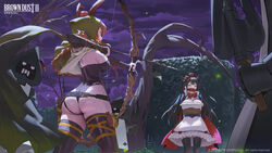  1boy 2girls absurdres animal_ears apple armor arms_behind_back arrow_(projectile) ass backboob black_hair black_leotard blue_corset bound bow bow_(weapon) breast_ribbon breasts brown_dust_2 bush cape character_request closed_eyes cloud corset detached_sleeves drawing_bow dress fireflies food frills fruit gagged green_hood high_collar highres holding holding_bow_(weapon) holding_weapon hood hood_(james_x) hood_up hooded_cape large_breasts leotard long_hair multiple_girls night night_sky open_mouth out_of_frame outdoors pouch purple_sky quiver red_bow red_cape red_hair ribbon_between_breasts rope sky strap thigh_strap thighhighs tied_up_(nonsexual) ventana_(brown_dust) weapon white_dress 