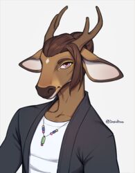  absurd_res anthro antlers cervine clothed clothing dash_ravo deer frankie_(wrinklynewt) hi_res horn jacket jewelry looking_at_viewer male mammal manbun necklace portrait sika_deer simple_background solo topwear white_background 