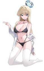  absurdres bikini black_bikini black_choker blonde_hair blue_archive blue_eyes blue_halo breasts choker female halo highres kneeling large_breasts long_hair long_sleeves magya416 navel open_clothes open_mouth open_shirt shirt simple_background solo swimsuit thighhighs toki_(blue_archive) v white_background white_shirt white_thighhighs 