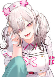  1boy ahoge bandaged_arm bandages blush breasts dress female gloves gomo grey_hair hair_ornament hair_over_one_eye hat highres large_breasts long_hair looking_at_viewer mole mole_under_eye nijisanji nurse nurse_cap open_mouth pink_eyes simple_background sukoya_kana sukoya_kana_(1st_costume) twintails virtual_youtuber white_wrist_cuffs wrist_cuffs x x_hair_ornament 