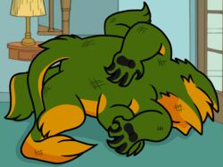  anthro digital_drawing_(artwork) digital_media_(artwork) draw_over family_guy family_guy_death_pose fur gemini_the_sergal green_body green_fur humor lying male meme meme_pose multi_arm multi_limb multicolored_body on_front sergal solo source_request stairs unknown_artist 