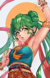  alternate_costume armlet armpits artist_name bangle bracelet commission double_bun dunhuang_style earrings english_commentary female fire_emblem fire_emblem:_genealogy_of_the_holy_war green_eyes green_hair hair_between_eyes hair_bun highres jewelry mistiousstar open_mouth red_nails signature silvia_(fire_emblem) solo teeth twintails upper_body upper_teeth_only vgen_commission 