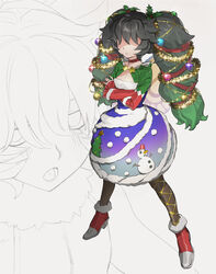  alastor_(megido72) alternate_costume bags_under_eyes black_hair black_pantyhose blush boots breasts bubble_skirt choker christmas christmas_ornaments christmas_tree_print cleavage_cutout closed_mouth clothing_cutout commentary_request covered_eyes crossed_arms dress female frown fur-trimmed_boots fur-trimmed_dress fur_trim glint gradient_dress gradient_hair green_hair green_sleeves grey_background hair_over_eyes hair_ribbon high_heel_boots high_heels highres legs_apart long_bangs long_hair looking_at_viewer megido72 mistletoe_hair_ornament multicolored_hair multicolored_sleeves multiple_views open_mouth pantyhose partially_colored print_dress projected_inset red_choker red_footwear red_ribbon red_sleeves ribbon shrug_(clothing) skirt sleeves_past_wrists small_breasts snow_print snowman_print soosaresu standing strapless strapless_dress tinsel twintails 