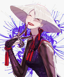  a.k.i._(street_fighter) albino bridal_gauntlets chinese_clothes claw_(weapon) claw_ring earrings eyelashes female finger_to_mouth flower head_tilt highres impossible_hair jewelry mole mole_under_mouth pale_skin red_lips scale_print solo spider_lily street_fighter street_fighter_6 sumustard tassel tassel_earrings weapon white_hair 