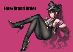  bikini black_bikini black_footwear black_gloves black_hair black_hat bodystocking breasts copyright_name facial_mark fate/grand_order fate_(series) female fingerless_gloves forehead_mark forehead_tattoo ge_(zmq67911029) gloves hat high_heels large_breasts long_hair multicolored_hair necktie peaked_cap pink_armband pink_hair pink_necktie police_hat sessyoin_kiara sessyoin_kiara_(swimsuit_mooncancer) sessyoin_kiara_(swimsuit_mooncancer)_(second_ascension) streaked_hair swimsuit torn_bodystocking torn_clothes very_long_hair yellow_eyes 