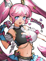  black_shirt blue_eyes blue_gloves blue_skirt breasts cleavage cleavage_cutout clothing_cutout collaboration cropped_shirt detached_sleeves elbow_gloves female frilled_skirt frills gloves hand_up heart heart-shaped_pupils heart_stickers holding holding_microphone large_breasts long_hair looking_at_viewer megido72 microphone midriff multicolored_clothes multicolored_eyes multicolored_skirt navel open_mouth pink_eyes pink_hair pink_skirt puffy_short_sleeves puffy_sleeves romaji_text shirt short_sleeves simple_background skirt smile solo soosaresu split-color_clothes succubus_(megido72) symbol-shaped_pupils twintails upper_body white_shirt yasitaorag 