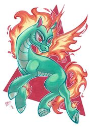  2023 5:7 asian_mythology bananameteor chinese_mythology cloven_hooves dragon east_asian_mythology female feral fire flaming_hair flaming_tail flaming_wings full-length_portrait green_body green_hooves green_scales hi_res hooves hybrid longma mythological_creature mythological_equine mythological_scalie mythology portrait pseudo_hair pupils quadruped red_eyes scales scalie signature slit_pupils smile solo tail them&#039;s_fightin&#039;_herds tianhuo_(tfh) traditional_media_(artwork) wings 