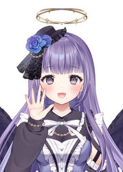  :d amatsuka_tamaki black_hat black_wings blunt_bangs breasts cleavage collared_dress commentary_request dress female frilled_dress frilled_hat frills grey_eyes halo hand_up hat highres indie_virtual_youtuber long_hair long_sleeves looking_at_viewer medium_breasts puffy_long_sleeves puffy_sleeves purple_dress purple_hair see-through see-through_cleavage sidelocks simple_background sleeveless sleeveless_dress sleeves_past_wrists smile solo straight-on straight_hair tilted_hat virtual_youtuber white_background wings yellow_halo yugaa 