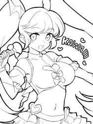  breasts cleavage cleavage_cutout clothing_cutout cropped_shirt detached_sleeves elbow_gloves female frilled_skirt frills gloves hand_up heart heart-shaped_pupils heart_stickers holding holding_microphone large_breasts line_art long_hair looking_at_viewer megido72 microphone midriff monochrome navel open_mouth puffy_short_sleeves puffy_sleeves romaji_text short_sleeves simple_background skirt smile solo sticker_on_face succubus_(megido72) symbol-shaped_pupils twintails upper_body yasitaorag 